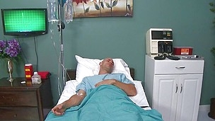 Johnny Sins is in a coma. When milf doctor Rachel Starr comes to check on him her imagines he`s fucking her out in the middle of nowhere. He sucks her tits and she gives him a nice two-handed handy in the desert.
